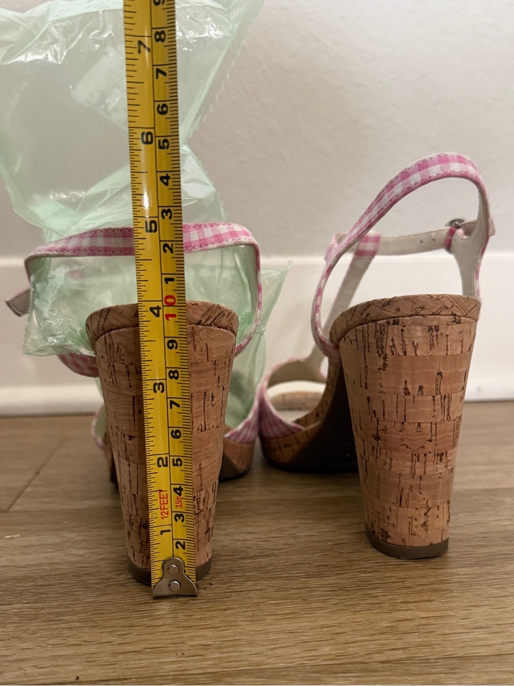 Anne Klein Pink Gingham Cork Block Heel Sandals - Picture 5 of 8